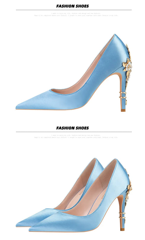 Elegant Crystal-Embellished Silk Pointed Toe Pumps for Women - Luxurious High Heels Perfect for Bridal and Evening Wear, Sexy Dress Shoes with Thin Heels